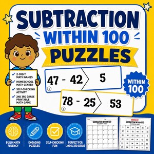 Puede incluir: Un gráfico educativo colorido para rompecabezas de resta dentro de 100. La imagen presenta un niño de dibujos animados, problemas de matemáticas y el texto "2-Digit Math Games", "Homeschool Math Center" y "Self-Checking Activity". Incluye hojas de respuestas.