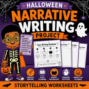 May include: A Halloween narrative writing project set featuring a cartoon character in a skeleton costume holding a worksheet. Includes a writing roadmap, lined pages for story scenes, and icons for creative writing, story planning, and vocabulary.