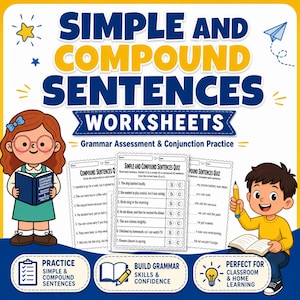 Puede incluir: Conjunto de hojas de trabajo educativas para oraciones simples y compuestas. La imagen presenta niños de dibujos animados, hojas de trabajo y el texto "SIMPLE AND COMPOUND SENTENCES WORKSHEETS". Incluye las frases "PRACTICE SIMPLE & COMPOUND SENTENCES" y "BUILD GRAMMAR SKILLS & CONFIDENCE".