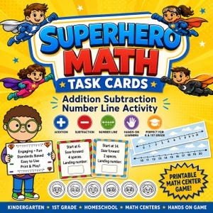 Puede incluir: Tarjetas de tareas de matemáticas con temática de superhéroes para actividades de suma, resta y recta numérica. El diseño colorido presenta superhéroes de dibujos animados, símbolos matemáticos y rectas numéricas. Incluye el texto "¡Juego imprimible del centro de matemáticas!"
