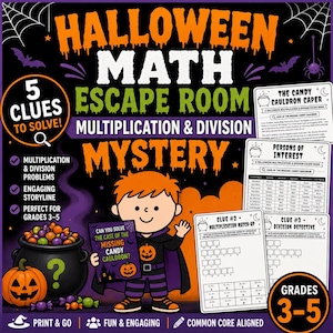 Op de afbeelding: Een Halloween wiskunde escape room activiteitenset met vermenigvuldigings- en deelproblemen voor groep 5-7. Het ontwerp bevat een stripfiguur in een pompoenkostuum, een zwarte ketel en werkbladen met de titel The Candy Cauldron Caper.