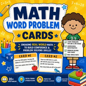 May include: Educational poster for math word problem cards, featuring the text "MATH WORD PROBLEM CARDS". The poster includes example problems, illustrations, and icons. Designed for 2nd and 3rd grade students, the cards aim to build confidence and problem-solving skills.