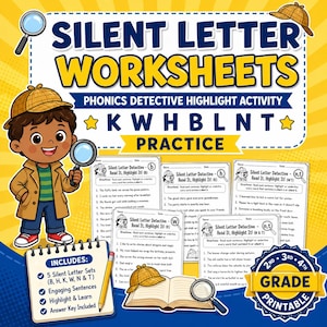 May include: A set of educational worksheets for 2nd, 3rd, and 4th grade students. The image shows a cartoon detective with a magnifying glass, worksheets, and the text "Silent Letter Worksheets". Includes an answer key.