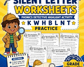 Silent Letter Worksheets, Phonics Detective Activity (K, W, H, B, L, N, T) 2nd-4th Grade Printable