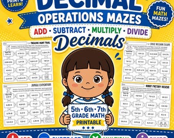 Decimal Operations Mazes, Add Subtract Multiply Divide Decimals, 5th 6th 7th Grade Math Printable