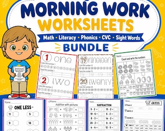 Kindergarten Morning Worksheets - Math, Literacy, Phonics, CVC & Sight Words Bundle (Digital Download)