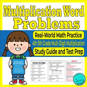 Op de afbeelding: Een kleurrijke educatieve afbeelding getiteld "Vermenigvuldigingswoordproblemen" met de tekst "Real-World Math Practice" en "4th 5th Grade Multi-Digit Multiplication Study Guide and Test Prep". Een cartoonmeisje houdt een notitieboek vast.