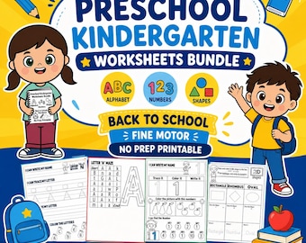 Preschool Kindergarten Worksheets Bundle, Alphabet, Numbers, Shapes (Digital Download)