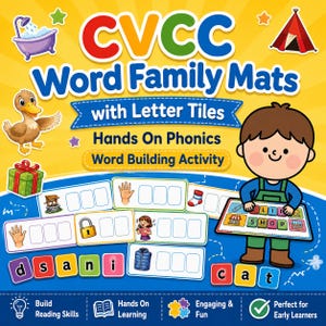 Op de afbeelding: Een kleurrijke educatieve afbeelding met de tekst "CVCC Word Family Mats with Letter Tiles." De afbeelding bevat illustraties van een eend, een cadeau en andere objecten, samen met lettertegels en een kind met een bord "SHOP."