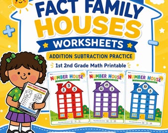 Fact Family Houses Worksheets, Addition Subtraction Practice, 1st 2nd Grade Math Printable
