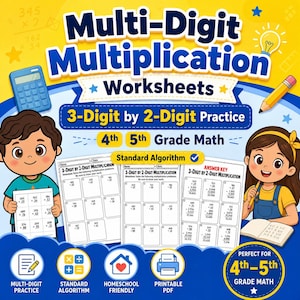 Multi-Digit Multiplication Worksheets, 3-Digit by 2-Digit, Homeschool Math (PDF Download)