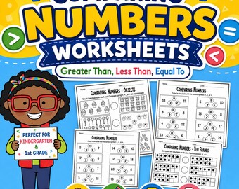 Comparing Numbers Worksheets, Greater Than Less Than Equal To, Kindergarten 1st Grade Math Printable