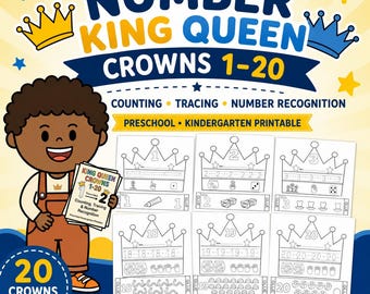 Number King Queen Crowns 1-20, Counting Tracing Number Recognition, Preschool Kindergarten Printable