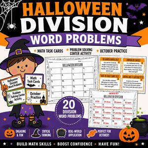 Op de afbeelding: Een educatieve set met Halloween-deelsommen, bestaande uit een cartoonheks met taakkaarten, een genummerd werkblad, vier tekstproblemen, een antwoordblad en decoratieve elementen zoals pompoenen, vleermuizen en een heksenketel.