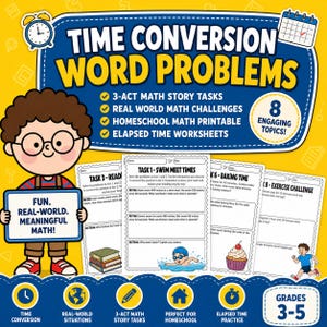 Op de afbeelding: Een kleurrijk educatief werkblad getiteld "Tijdconversie Woordproblemen" voor groep 3-5. De afbeelding toont een stripfiguur die een bord vasthoudt met "Leuk. Real-World. Betekenisvolle wiskunde!" en wiskundeproblemen.