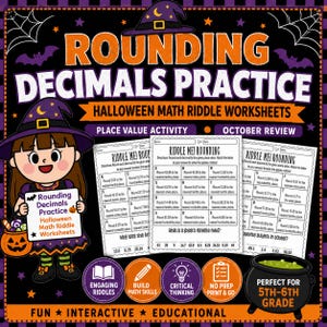 Halloween Decimal Rounding Worksheets, 5th-6th Grade Math Riddles (Printable)