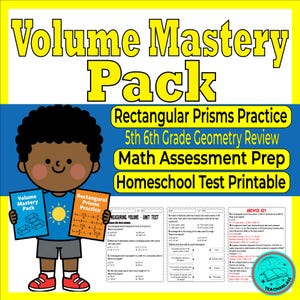 Könnte beinhalten: Eine farbenfrohe Illustration eines Kindes, das zwei Arbeitshefte mit den Titeln "Volume Mastery Pack" und "Rectangular Prisms Practice" hält. Text beinhaltet: "5th 6th Grade Geometry Review, Math Assessment Prep, Homeschool Test Printable."