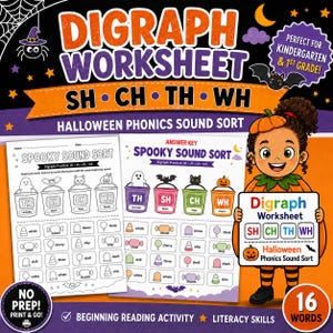May include: A Halloween-themed digraph worksheet set featuring a phonics sound sort activity for SH, CH, TH, and WH sounds. The educational materials include a black and white student page and a color answer key, both displaying illustrations of candy.