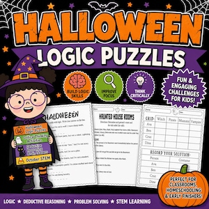Halloween Logic Puzzles, Critical Thinking Activities, Deductive Reasoning Brain Teasers (Digital Download)