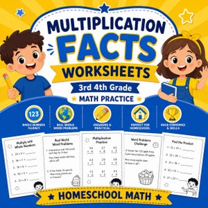 Puede incluir: Conjunto de hojas de trabajo educativas coloridas para la práctica de matemáticas de 3er y 4to grado. Presenta el título "Multiplication Facts Worksheets" con ilustraciones de niños, problemas de matemáticas y las palabras "Homeschool Math". Incluye problemas de fluidez, problemas de palabras y práctica de multiplicación.