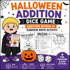 Peut inclure: Un jeu de dés d'addition sur le thème d'Halloween avec un personnage en costume de vampire tenant une fiche d'instructions. L'ensemble comprend des plateaux de jeu imprimables avec des citrouilles, des dés et les règles du jeu.