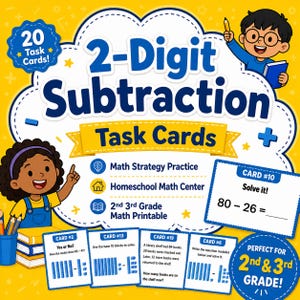 Puede incluir: Un colorido póster educativo para matemáticas de 2º y 3º grado con "Tarjetas de tareas de resta de 2 dígitos". El diseño incluye ilustraciones de niños, tarjetas de tareas con problemas de matemáticas y el texto "Math Strategy Practice" y "Homeschool Math Center".