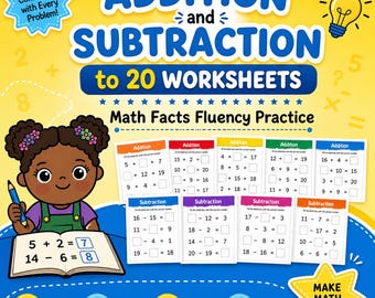 Addition and Subtraction to 20 Worksheets, Math Facts Fluency Practice, 1st Grade Math Printable