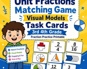 Unit Fractions Matching Game, Visual Models Task Cards, 3rd 4th Grade Fraction Practice Printable