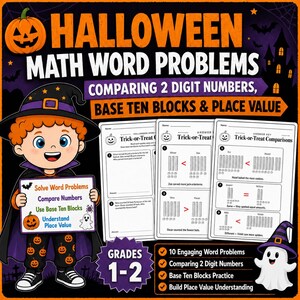Könnte beinhalten: Ein Halloween-thematisches Mathematik-Arbeitsblatt-Set für die Klassen 1-2 mit Textaufgaben, Zehnerblöcken und Stellenwertübungen. Das Titelbild zeigt eine Zeichentrickfigur im Hexenkostüm, die ein Schild mit Lernzielen hält.