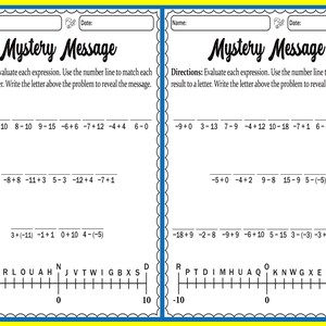 May include: Two worksheets with the title "Mystery Message" in a whimsical font. Each worksheet has math problems above a number line with letters. The instructions ask to solve the problems and match the answers to letters to reveal a message.