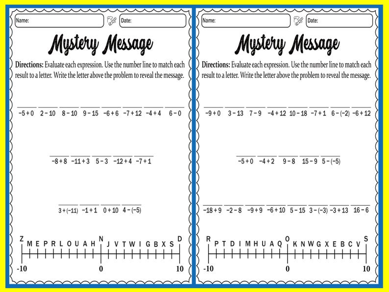 May include: Two worksheets with the title "Mystery Message" in a whimsical font. Each worksheet has math problems above a number line with letters. The instructions ask to solve the problems and match the answers to letters to reveal a message.