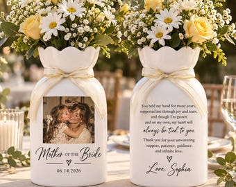 Personalized Mother of the Bride Ceramic Vase, Custom Photo Wedding Gift for Mom, Bridal Keepsake Flower Vase