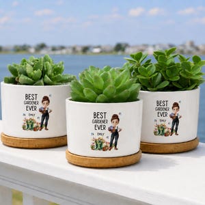 May include: Three white ceramic cylindrical planters, each resting on a circular bamboo saucer. Each planter contains a green succulent and features the printed text BEST GARDENER EVER, a cartoon character in overalls, and the name EMILY.