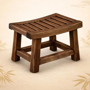May include: A small, wooden stool with a dark brown finish. The seat has a slatted design, and the legs are square and sturdy. The stool is designed with a traditional aesthetic, suitable for use as a footstool or decorative accent piece.