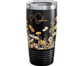 Personalized Name Tumbler, 20oz Skinny Coffee Tumbler, Floral Custom Cup, Stainless Steel Tumbler, Gift for Women