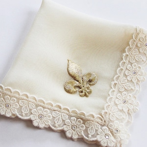 Fleur de Lis Wedding Hanky, New Orleans Wedding, Second Line Handkerchief, Gold Silk Hankie, Ivory Handkerchief for Bride image 1