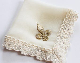 Fleur de Lis Wedding Hanky, New Orleans Wedding, Second Line Handkerchief, Gold Silk Hankie, Ivory Handkerchief for Bride