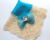 Blue Wedding Handkerchief w Swarovski Gem, Something Blue Bride Hankie, Lace Hanky, Vintage-Style Silk Handkerchief