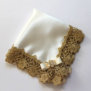 Luxury Satin Bride Hankie, Gold Lace Ivory Handkerchief, Mother of the Bride Handkerchief, Mother of groom gift, Gold Wedding Accessories image 2