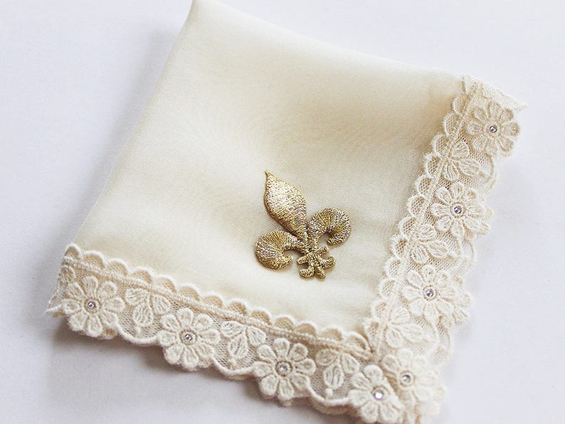 Fleur de Lis Wedding Hanky, New Orleans Wedding, Second Line Handkerchief, Gold Silk Hankie, Ivory Handkerchief for Bride image 1