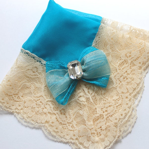 Swarovski Something Blue Bride Hankie, Lace Hanky, Silk Wedding Handkerchief w/ Swarovski Gem, Vintage-Style Silk Handkerchief from Mom