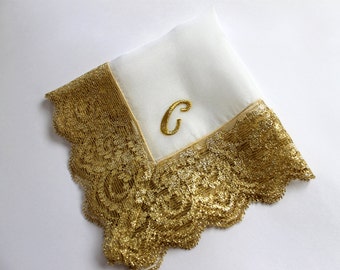 Gold Monogram Wedding Handkerchief, Bridal Gift, Personalized Bride/ Mother of Bride/ Mother of Groom Gift, Bridal Shower Gift, Silk Hanky