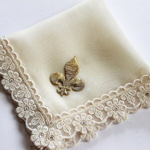 Fleur de Lis Wedding Hanky, New Orleans Wedding, Second Line Handkerchief, Gold Silk Hankie, Ivory Handkerchief for Bride image 2