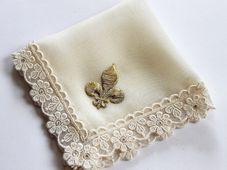 Fleur de Lis Wedding Hanky, New Orleans Wedding, Second Line Handkerchief, Gold Silk Hankie, Ivory Handkerchief for Bride image 2