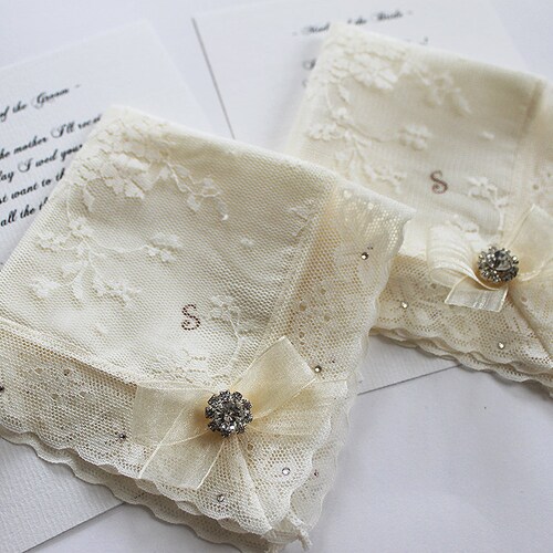 Swarovski Mother of the Bride and Groom Gift, Wedding Handkerchiefs Set of 2, Wedding Hanky for Mom from Daughter, shops Initial Lace Hankies