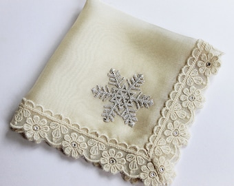Snowflake Wedding Handkerchief for Bride, Winter Wedding, Mother of the Bride Gift, Mother of Groom, Silk Handkerchief, Bridal Shower Gift