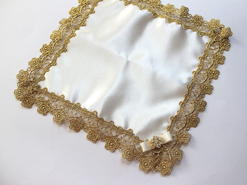 Luxury Satin Bride Hankie, Gold Lace Ivory Handkerchief, Mother of the Bride Handkerchief, Mother of groom gift, Gold Wedding Accessories image 3