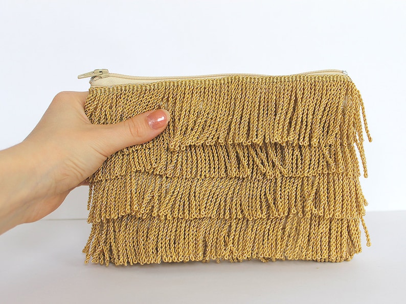 1920's Flapper Style Gold Wedding Clutch, Mother of the Bride, Bridesmaid Clutch, Vintage fringe purse Roaring twenties Great Gatsby wedding image 5