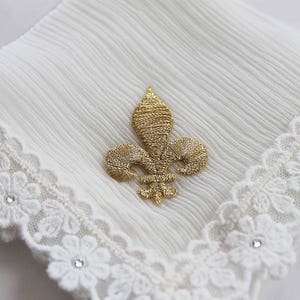 Fleur de Lis Wedding Hanky, New Orleans Wedding, Second Line Handkerchief, Gold Silk Hankie, Ivory Handkerchief for Bride image 8