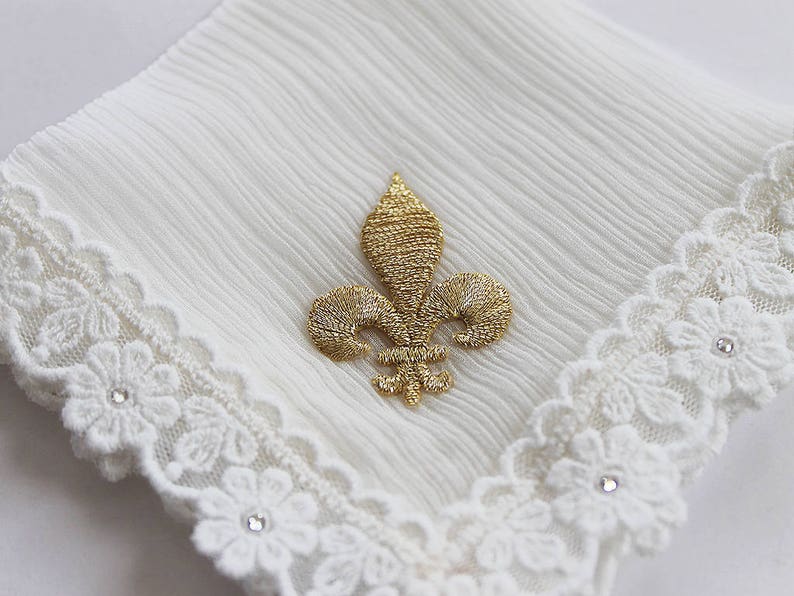 Fleur de Lis Wedding Hanky, New Orleans Wedding, Second Line Handkerchief, Gold Silk Hankie, Ivory Handkerchief for Bride image 8